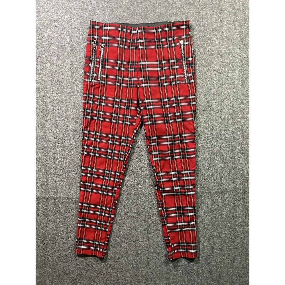 Zara Plaid Zipper Detail High Waisted Pant Leggings Pull On Red Size L